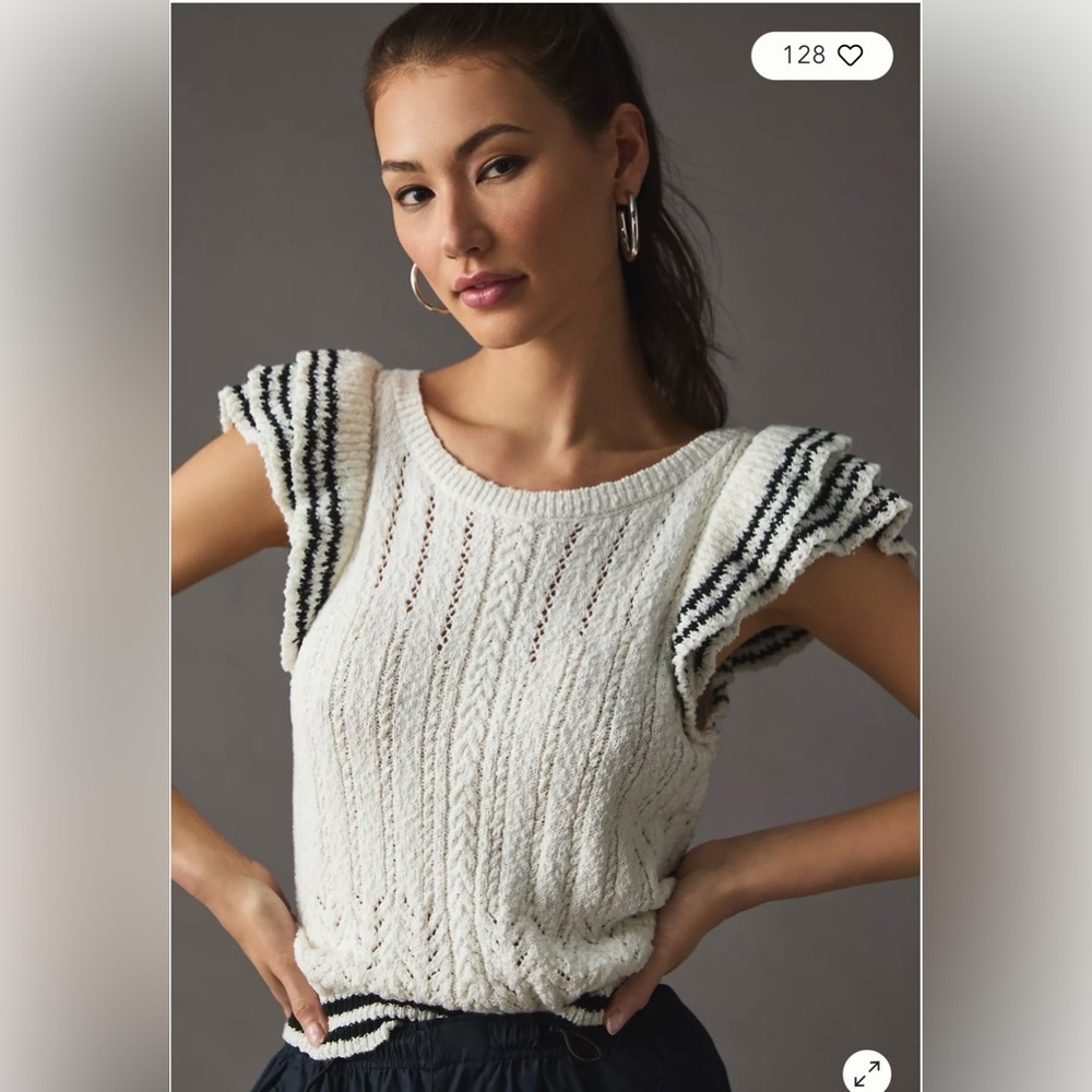 Anthropologie Maeve White Ruffle-Sleeve Knit Sweater Top Women’s L elegant